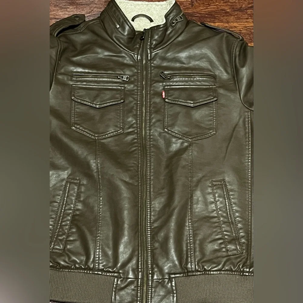 LEVI STRAUSS & CO BROWN FAUX LEATHER FLEECE LINED JACKET SZ large preowned - Picture 8 of 11